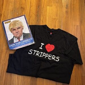 TRUMP wig NEW and I ❤️ Strippers Candy Store Tshirt Sz XL MAGA FUN 🇺🇸